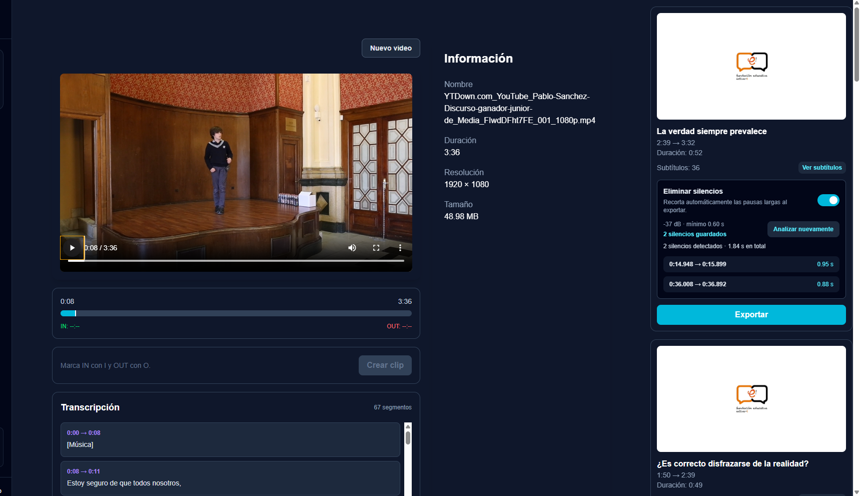 Editor de EDIVIQ con transcripción y clips sugeridos