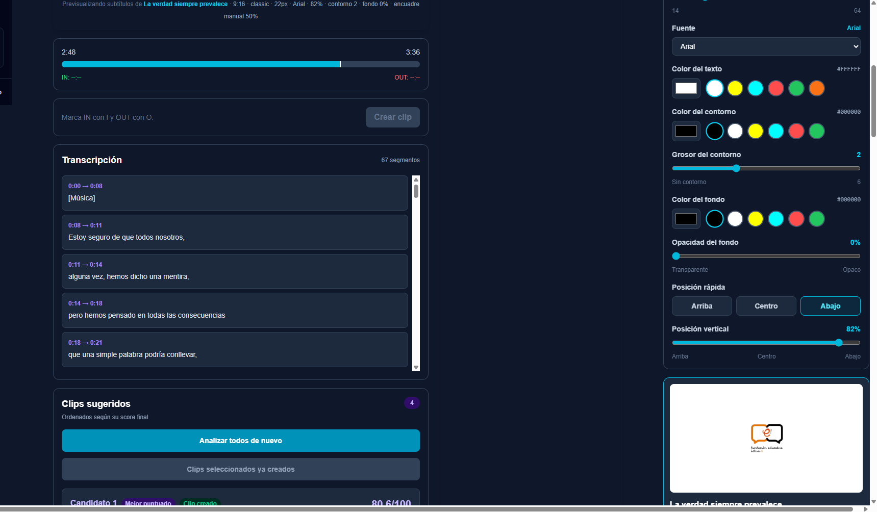 Controles de subtítulos y clips sugeridos dentro de EDIVIQ